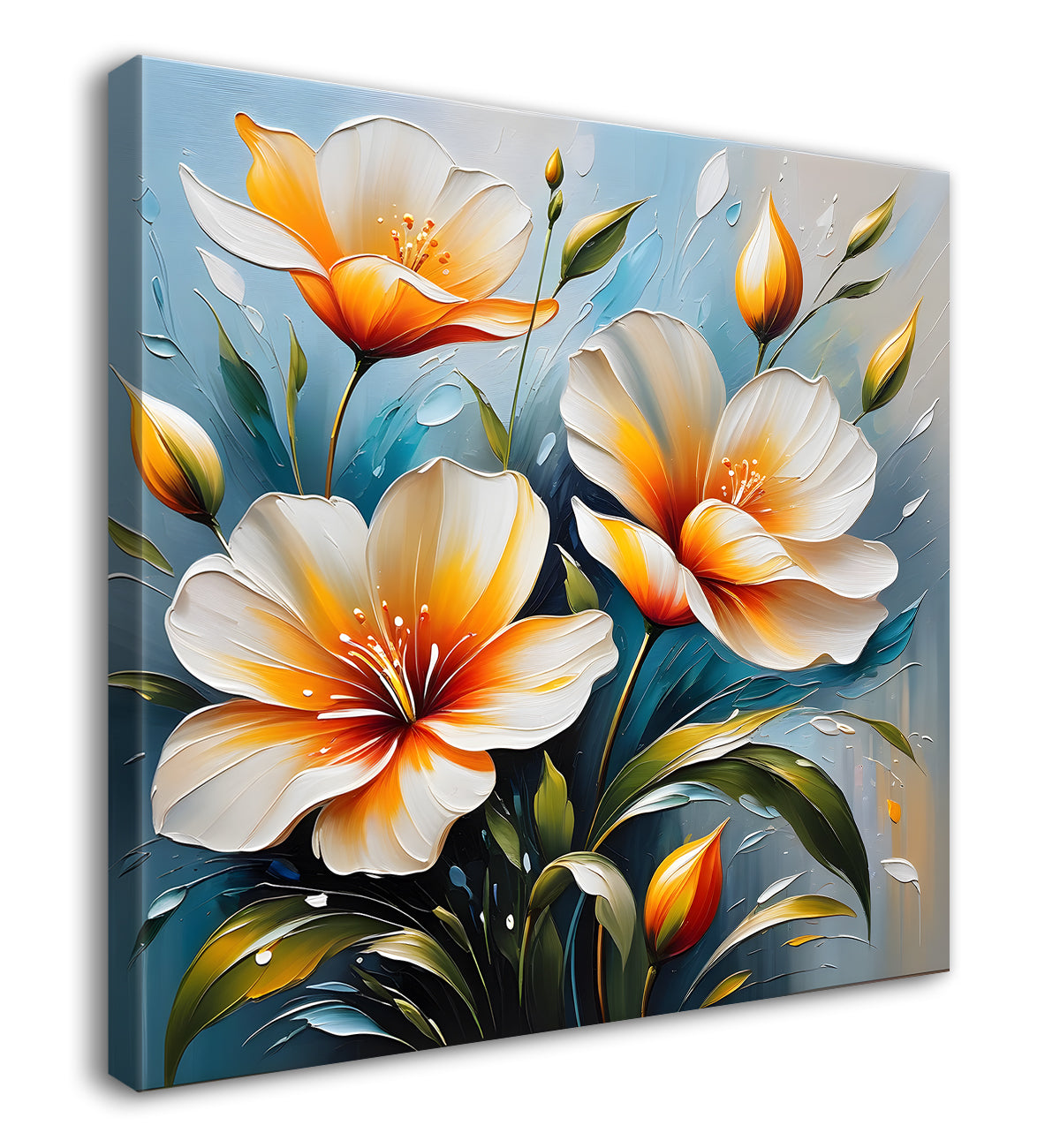 Peach flowers in blue background textured painting  - Flower-S-32