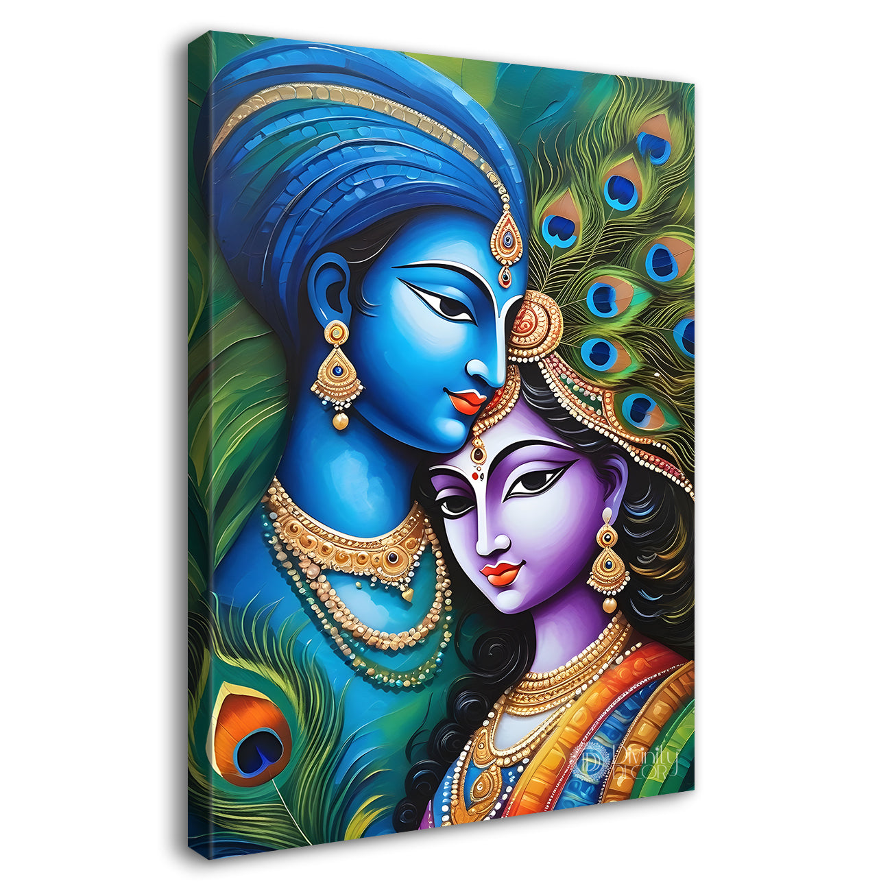 Blue face of krishna with radha in peacock feathers background textured art Canvas Painting - Design - Krishna-V-32