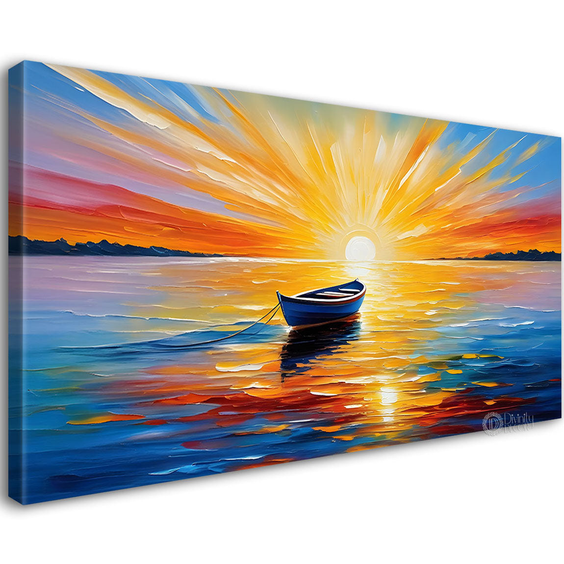 Boat in sea with sunset background textured modern art canvas painting - Design - River-32