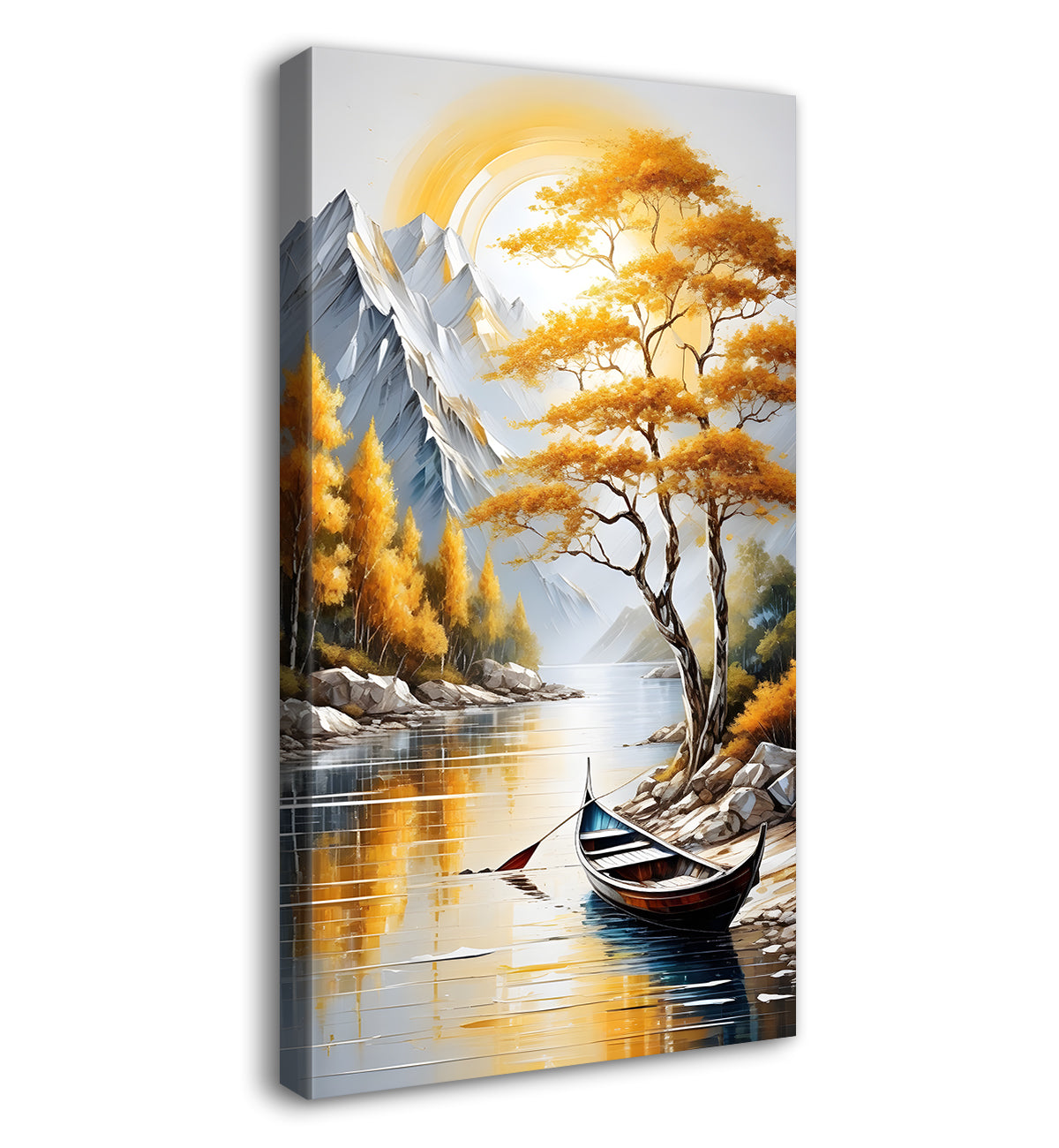 Yellow textured tree with lake in textured natural art Canvas Painting - Nature Art -V-32