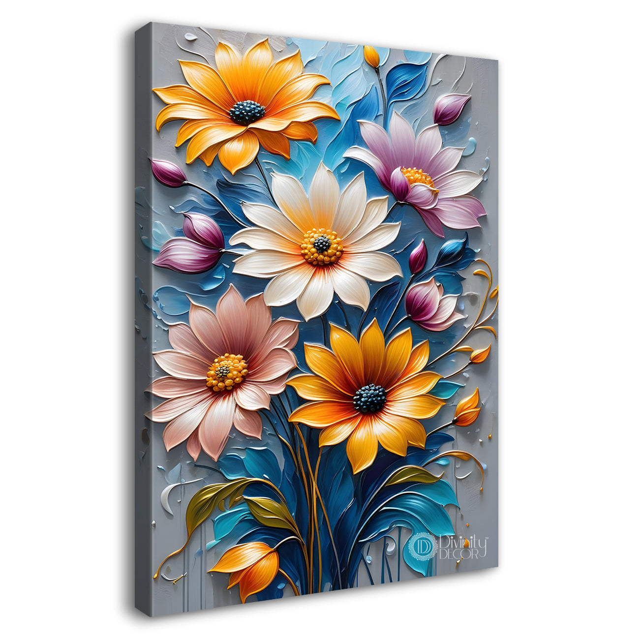 Colourful flowers in grey textured background painting - Flower-V-32