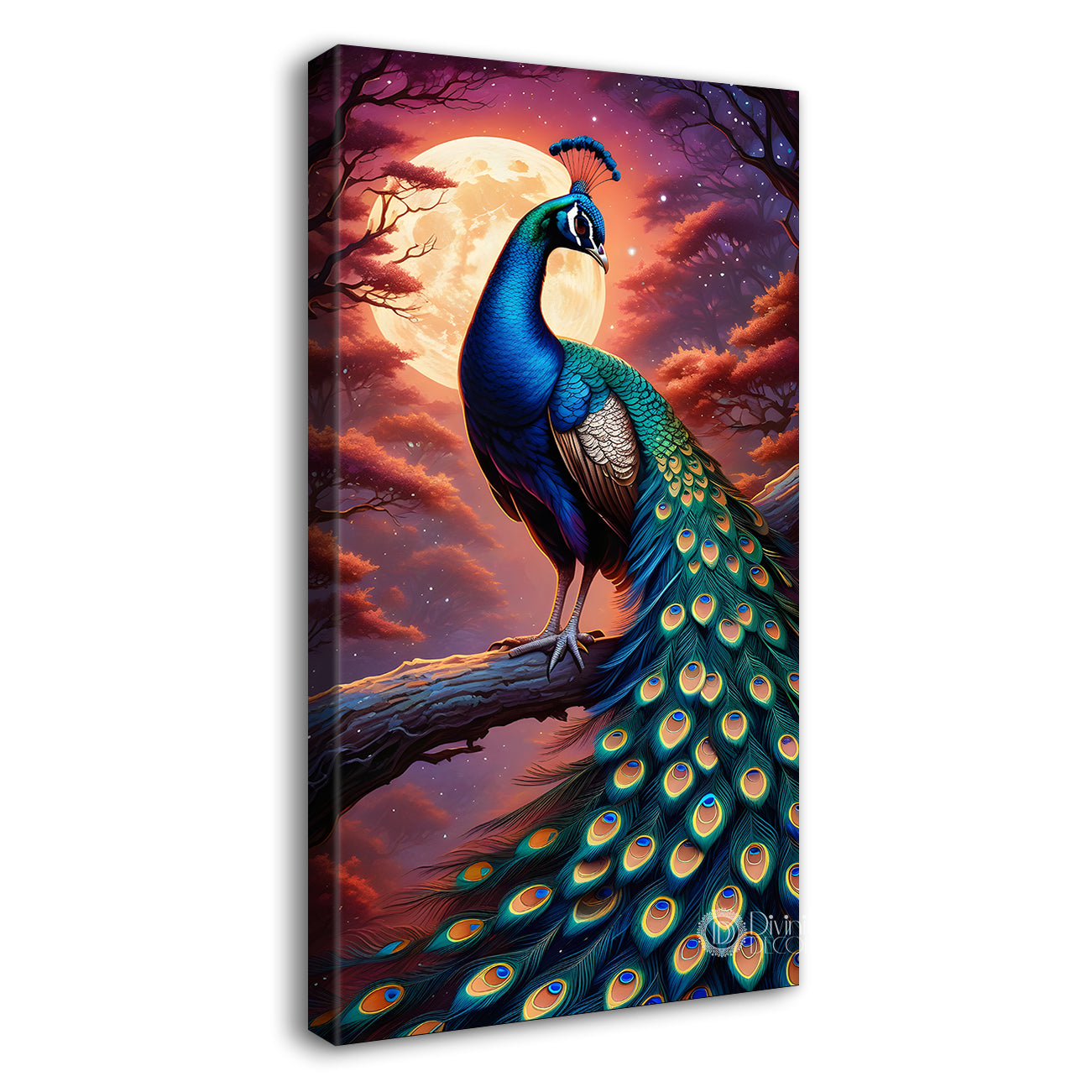 Peacock on branch in front of moon with sunset background modern art painting - Design - Peacock-V-32