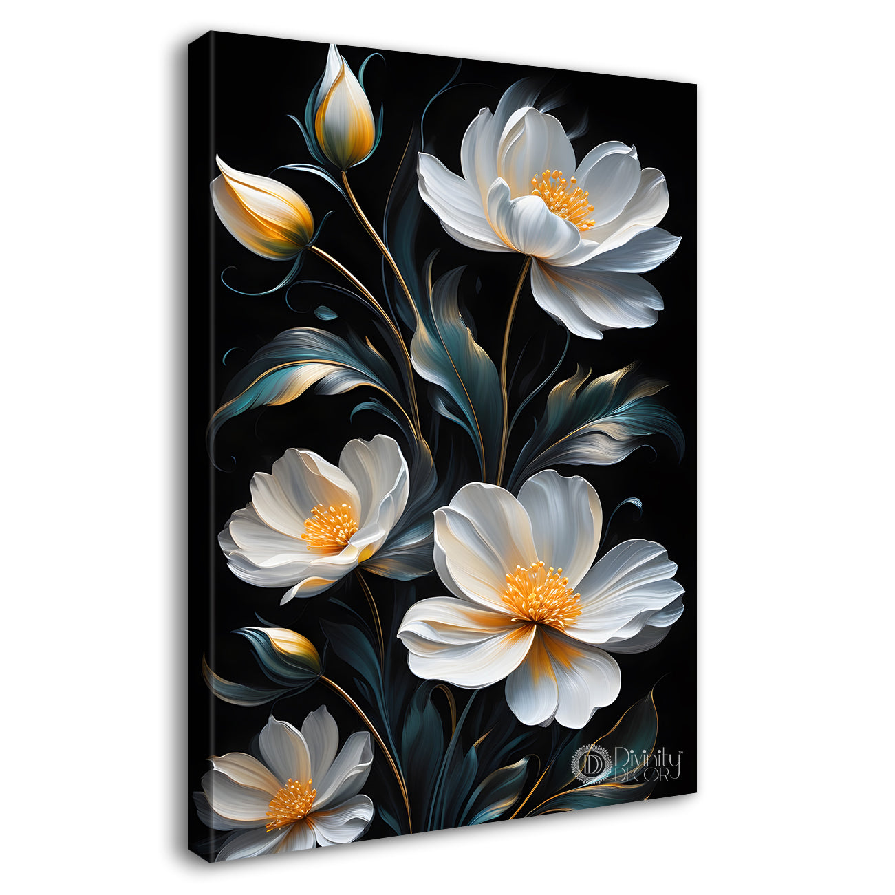 White flowers in dark textured background painting- Flower-V-330