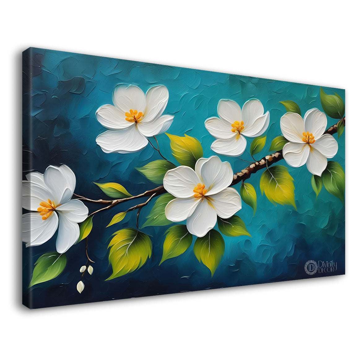 White flowers in sea green background canvas painting- Flower-330