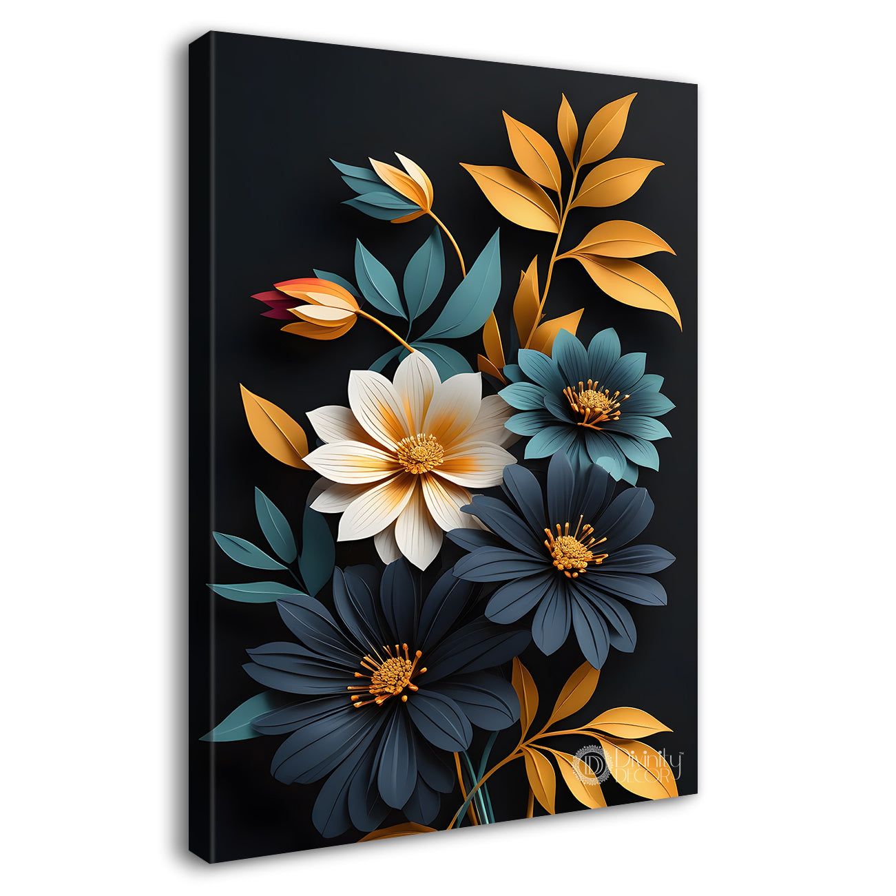 White and blue flowers in black textured painting- Flower-V-331