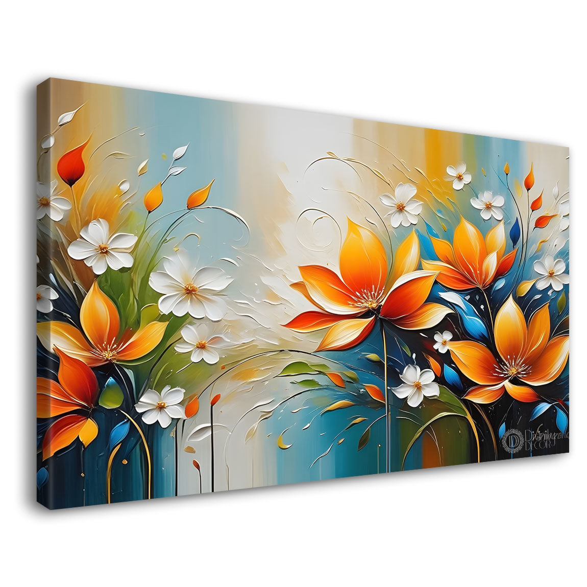 Orange flowers in blue background canvas painting- Flower-331