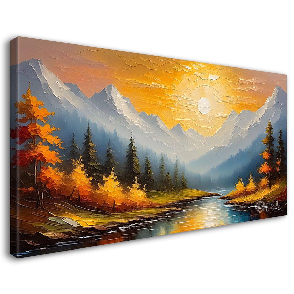 Mountains with trees and river in textured painting Canvas Painting - Nature Art -331