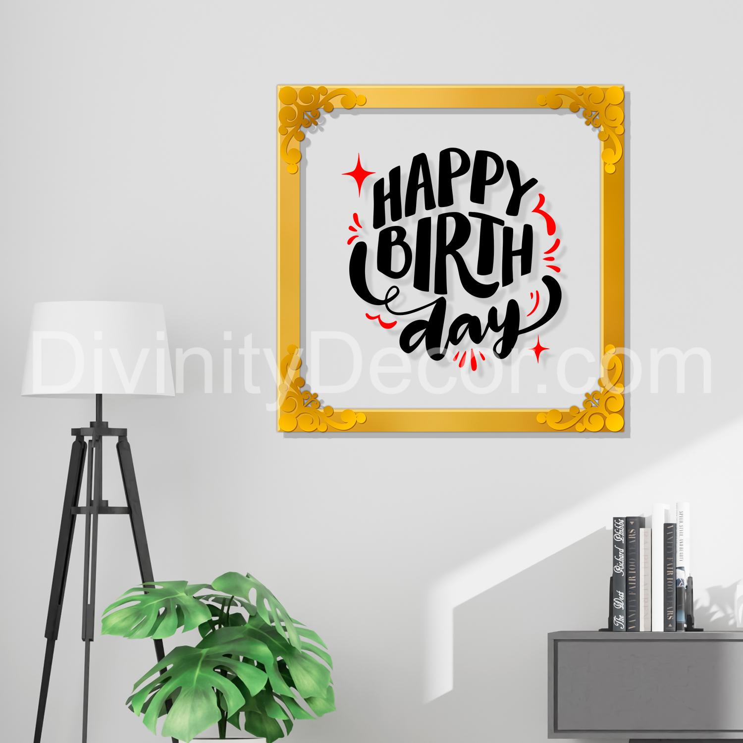 Happy birthday Golden Plaque for Gifting, Wall Décor Clear UV print with Golden Border-332
