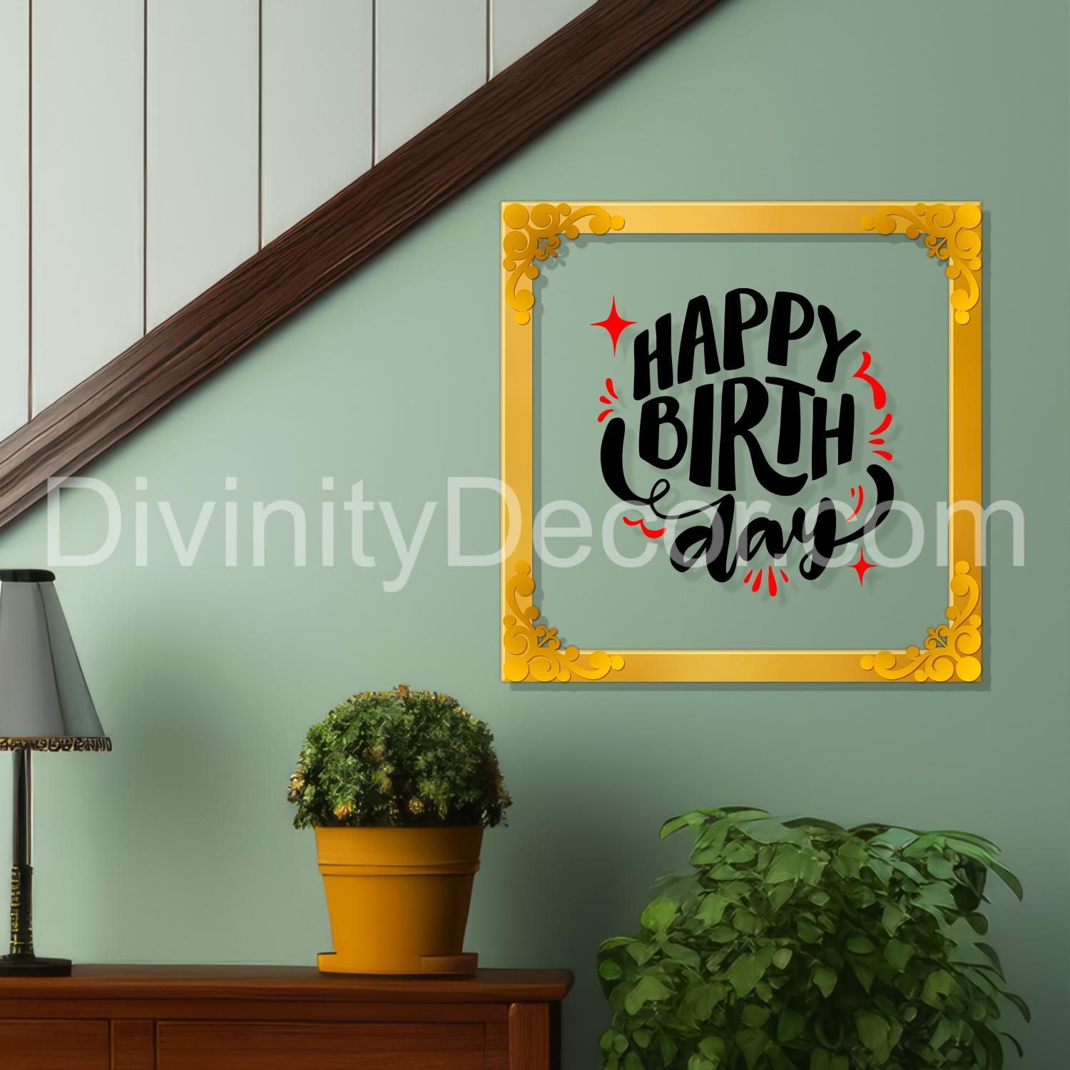 Happy birthday Golden Plaque for Gifting, Wall Décor Clear UV print with Golden Border-332