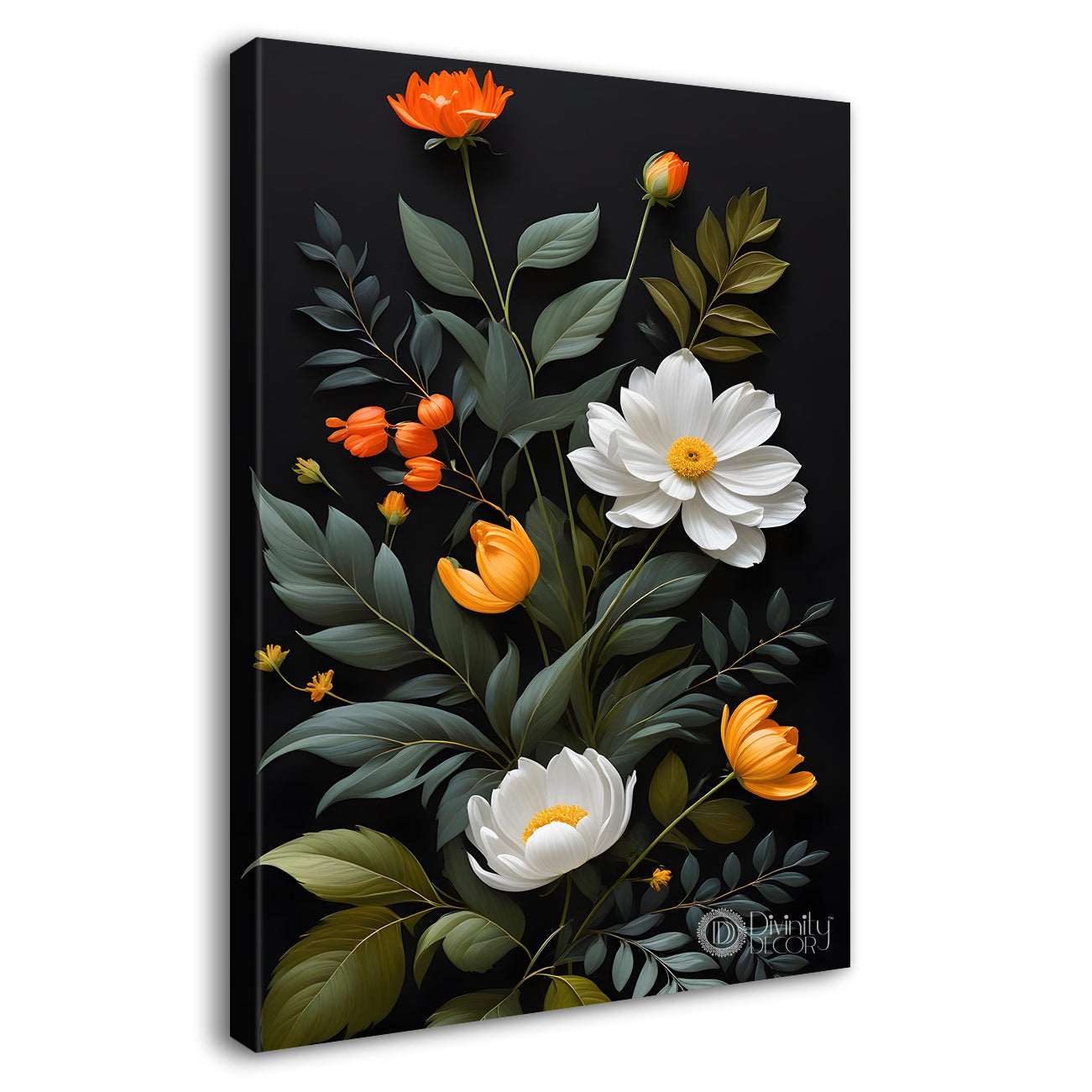 Orange and white flowers in dark textured background painting- Flower-V-333