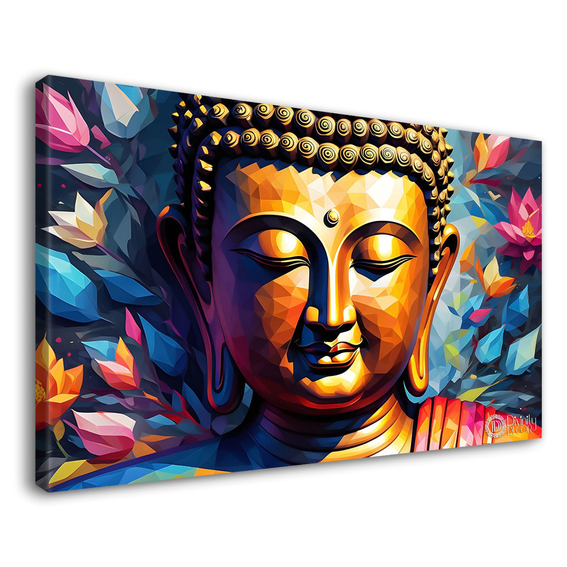 Golden buddha with colorful flowers background textured painting Canvas Wall Painting - Buddha-334