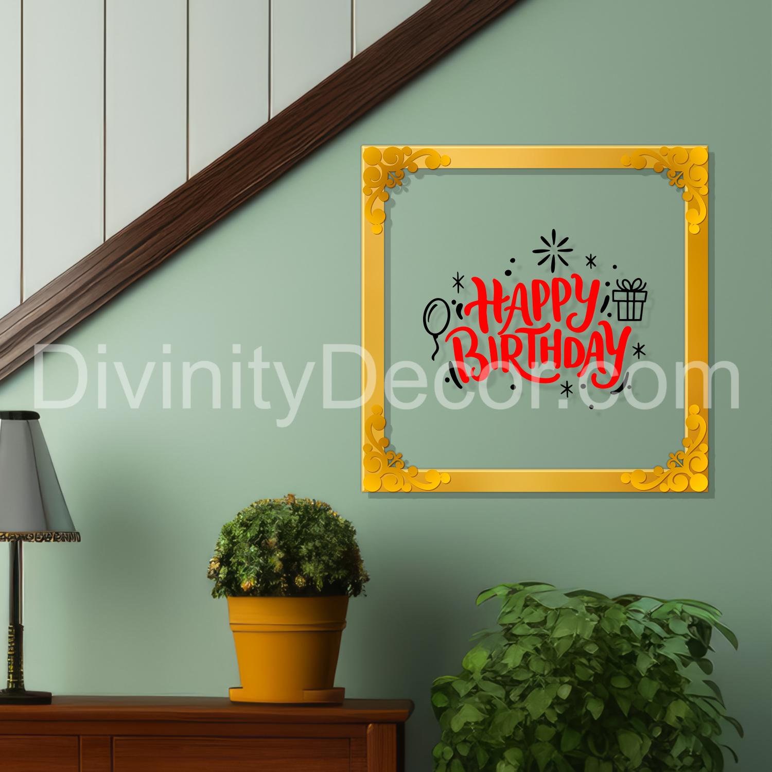 Happy birthday Golden Plaque for Gifting, Wall Décor Clear UV print with Golden Border-334