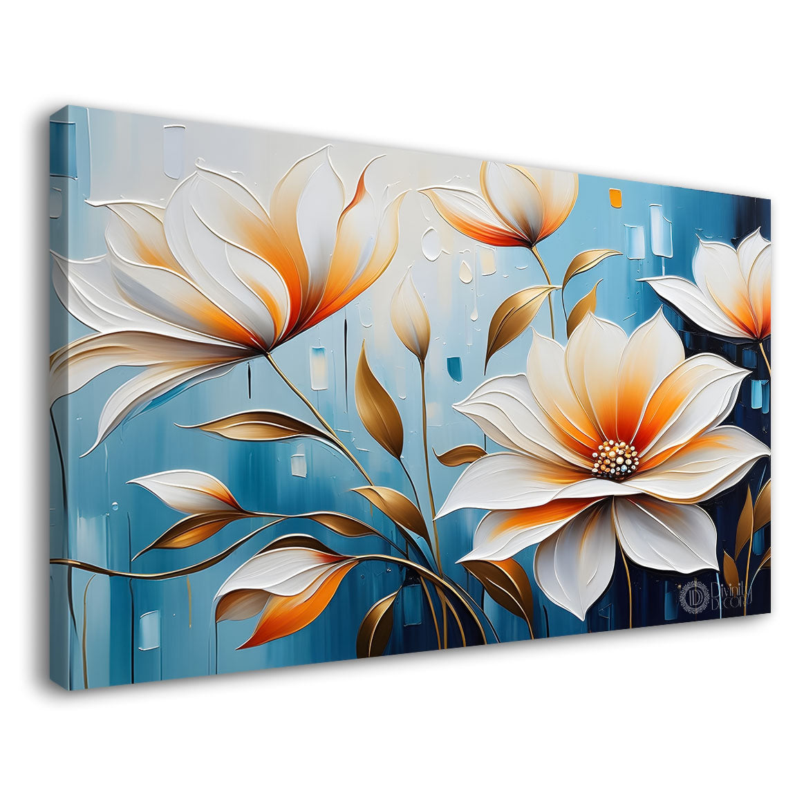 White flowers in blue background canvas painting- Flower-334