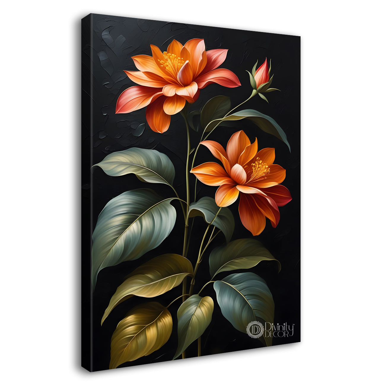 Orange flowers in dark textured background painting- Flower-V-334