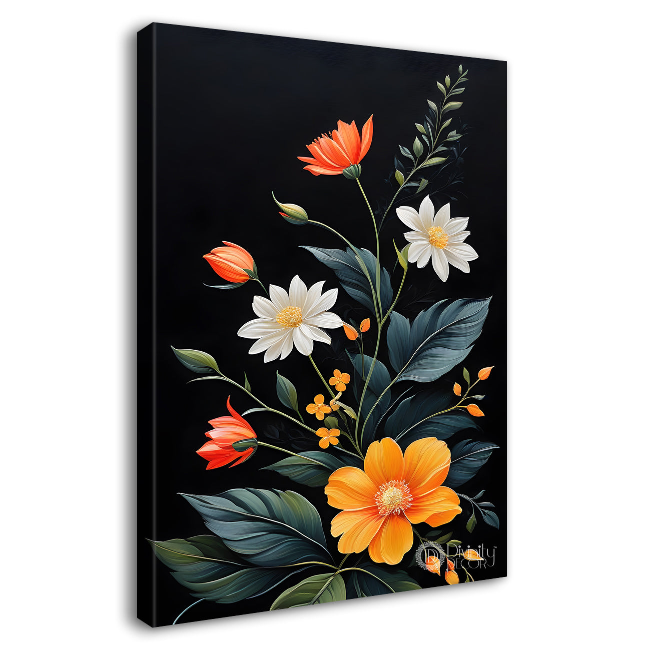 Orange and white flowers in dark textured background painting- Flower-V-335