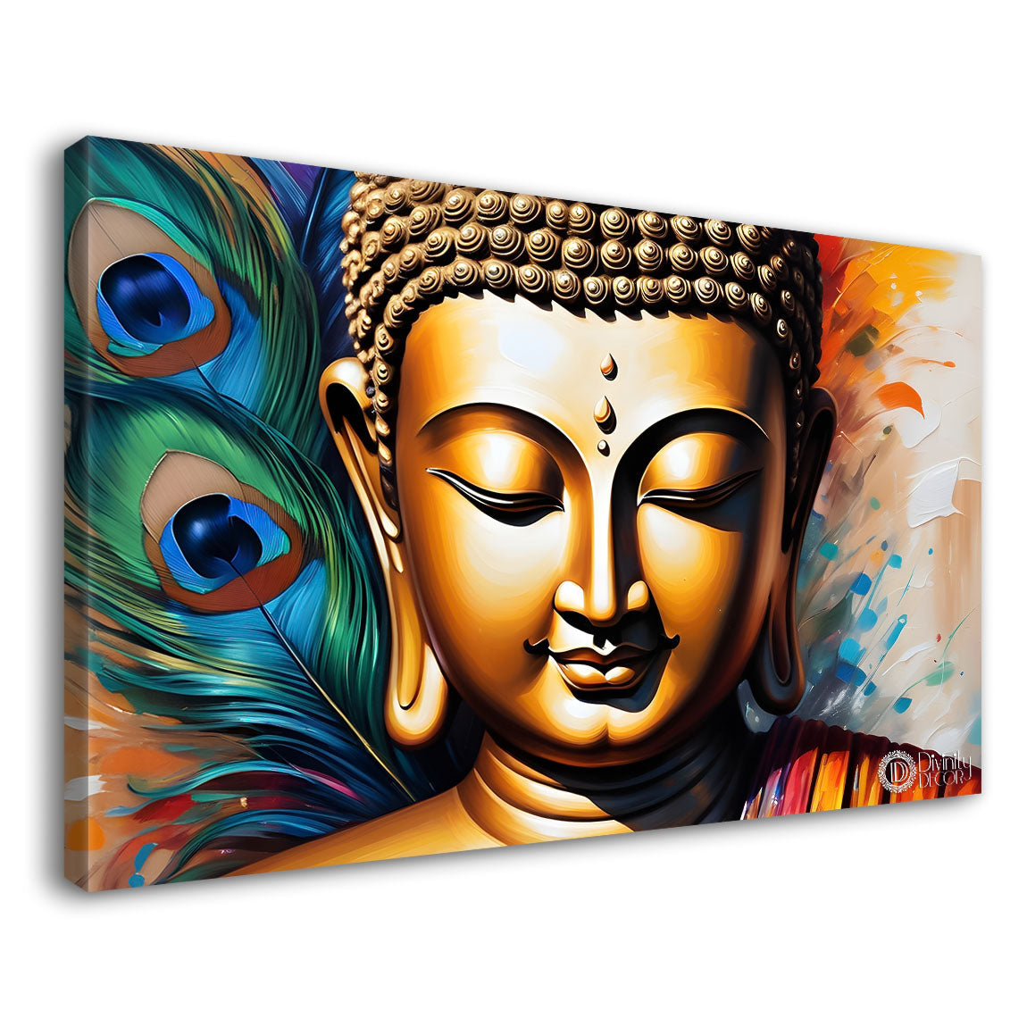 Golden buddha with peacock feather background textured painting Canvas Wall Painting - Buddha-336