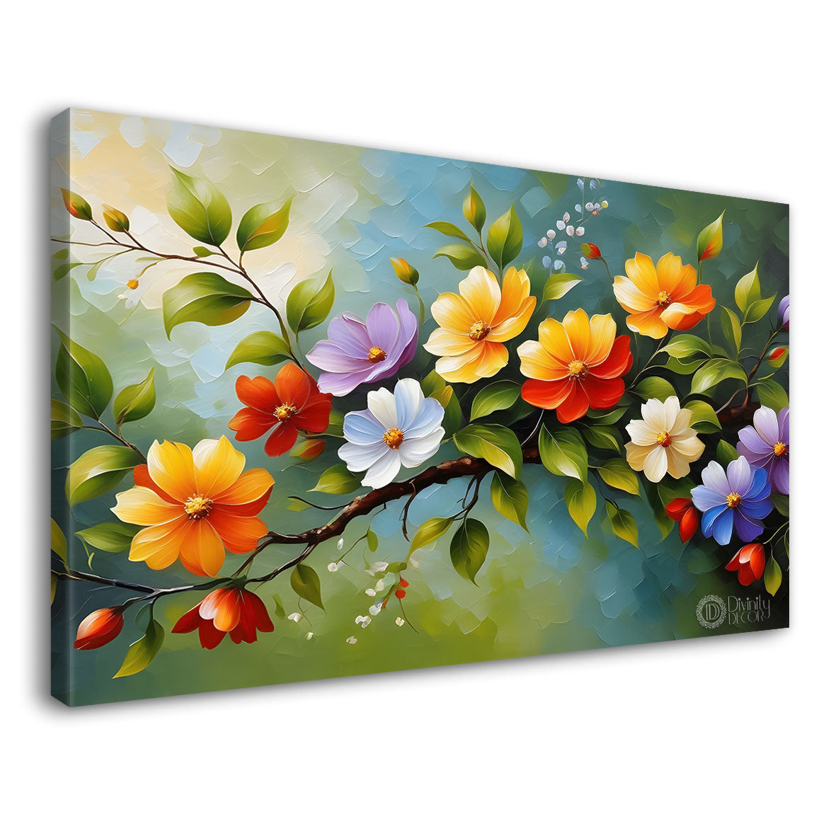 Colorful flowers in blue background canvas painting- Flower-336