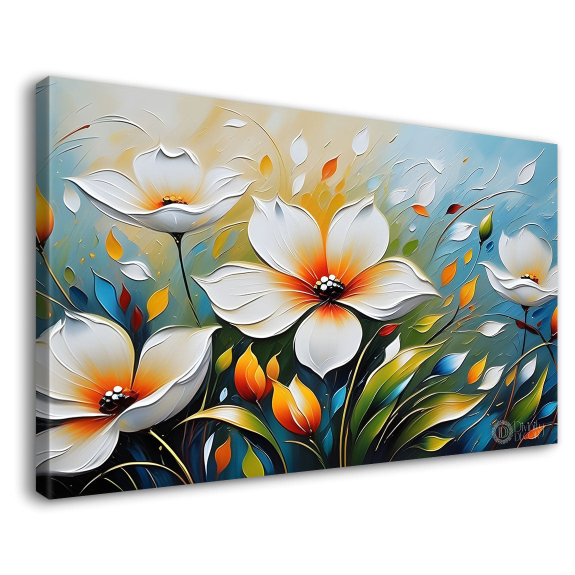 White flowers in blue background canvas painting- Flower-337