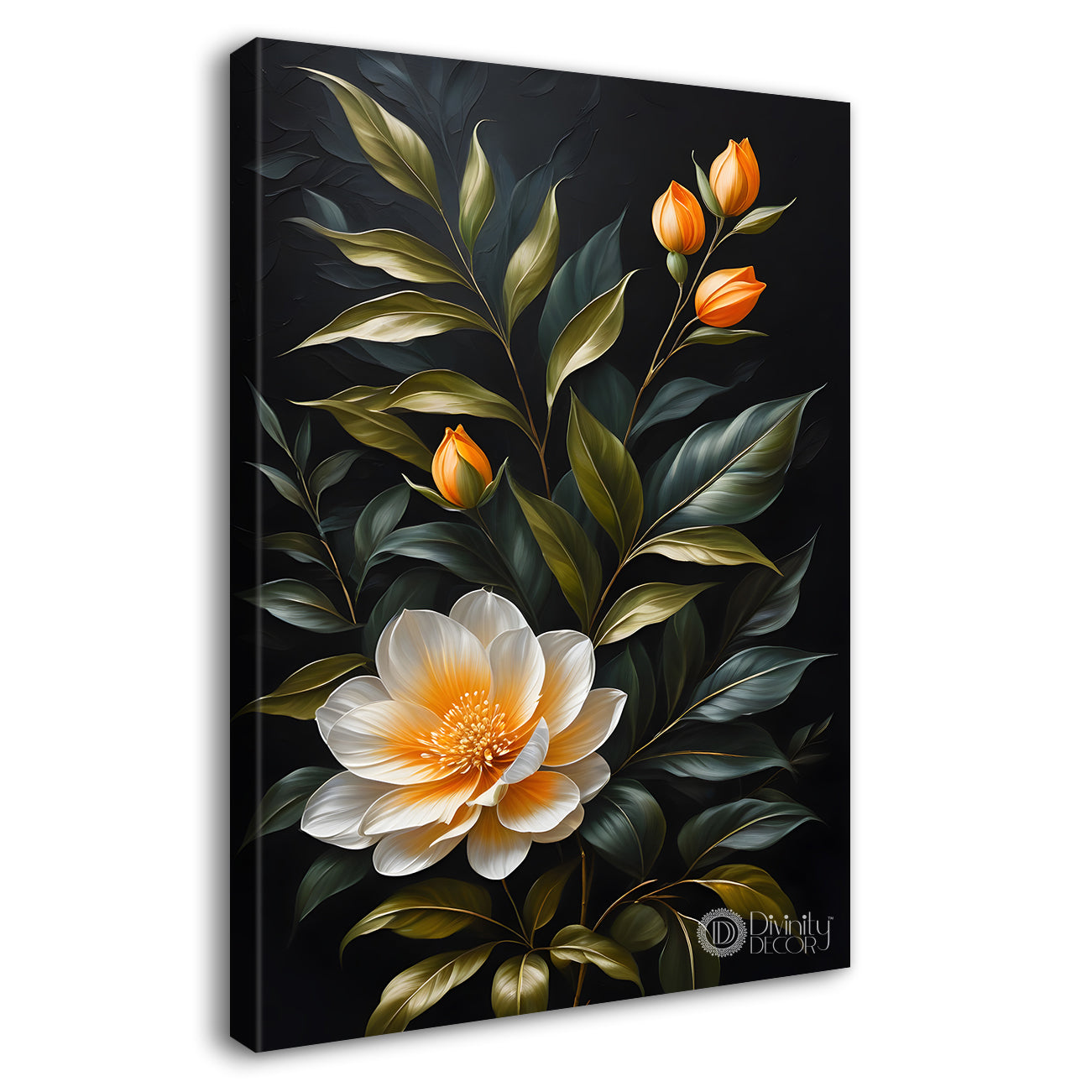White flower in dark textured background painting- Flower-V-338