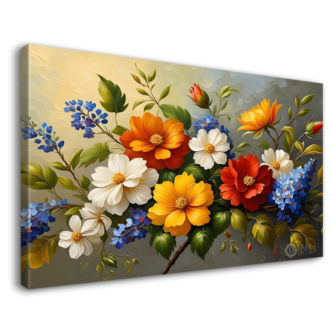 Colorful flowers in golden background canvas painting- Flower-339