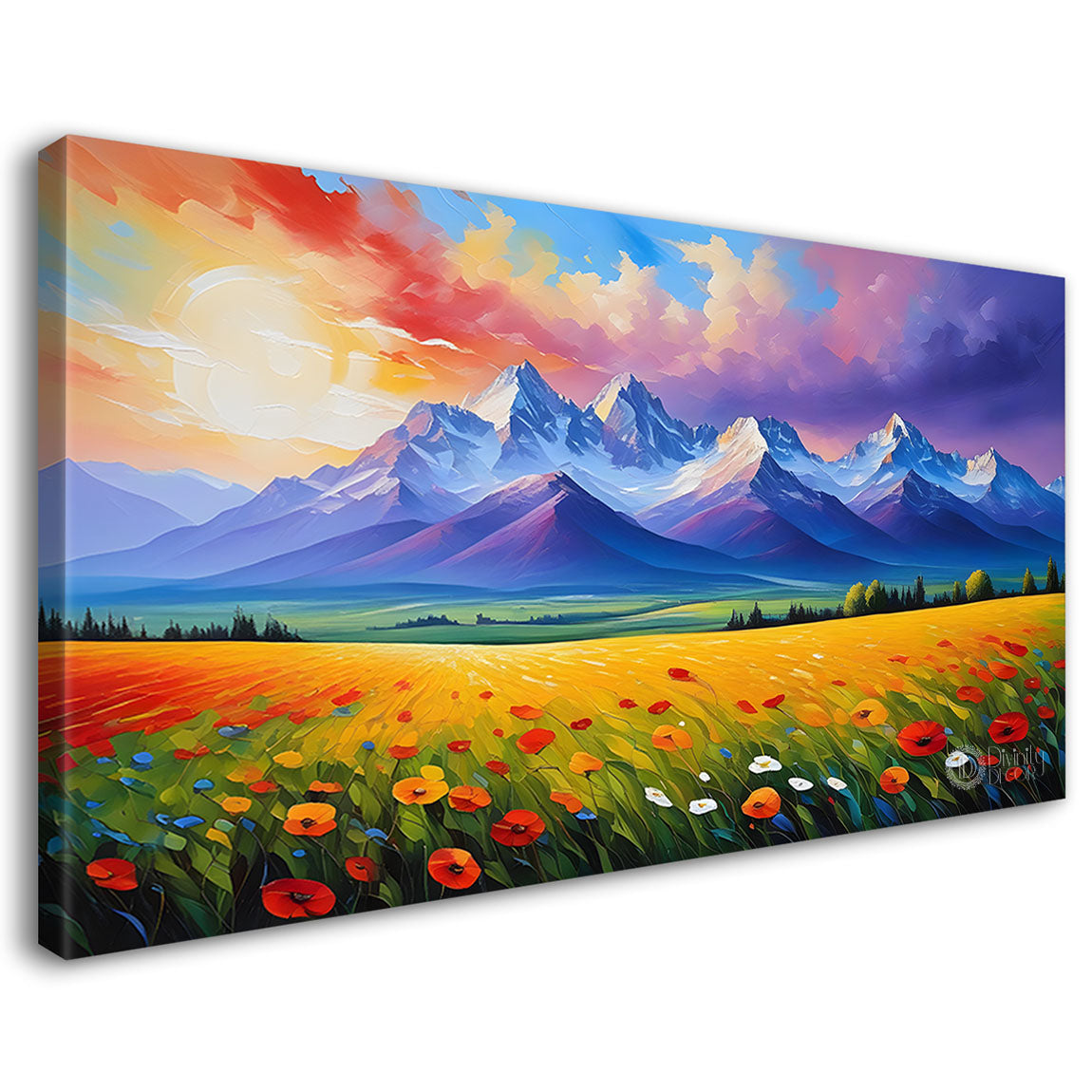 Mountains with flowers and sunset painting Canvas Painting - Nature Art -339