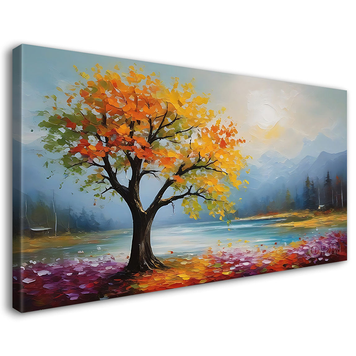 Yellow tree with lake and colorful flowers Canvas Painting - Nature Art -33
