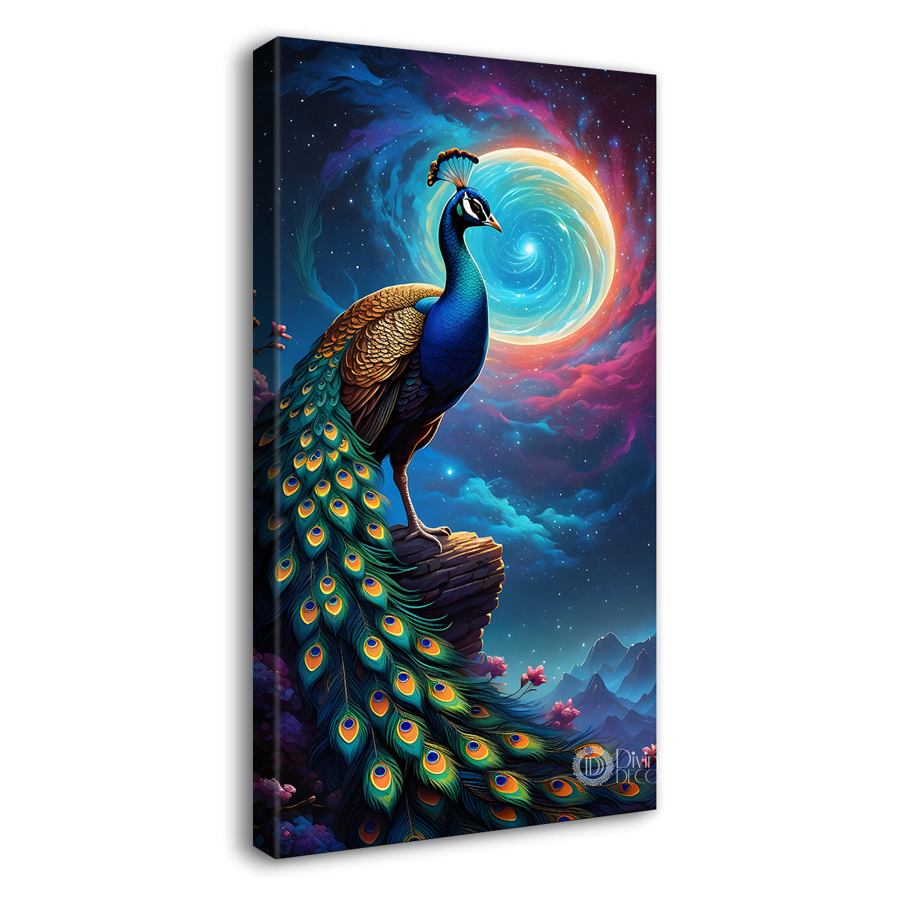 Peacock in front of moon with blue background modern art painting  - Design - Peacock-V-33