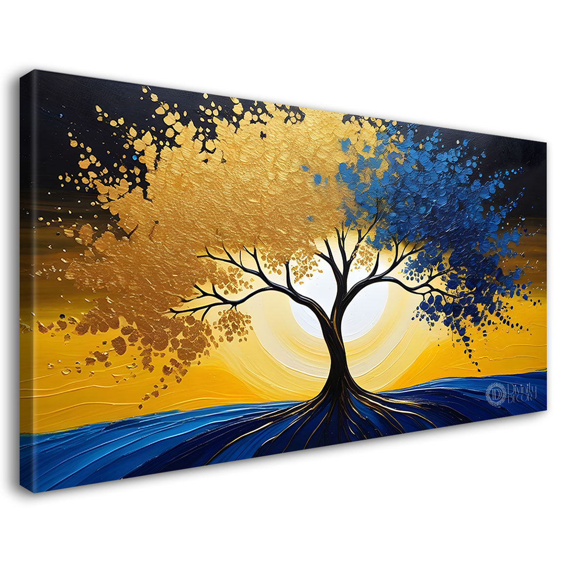 Tree in golden and blue textured modern art Canvas Painting - Design - Tree-33