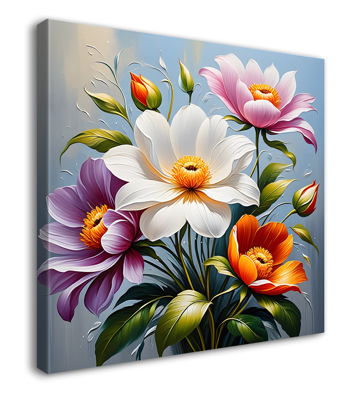 Colourful flowers in blue background textured painting  - Flower-S-33