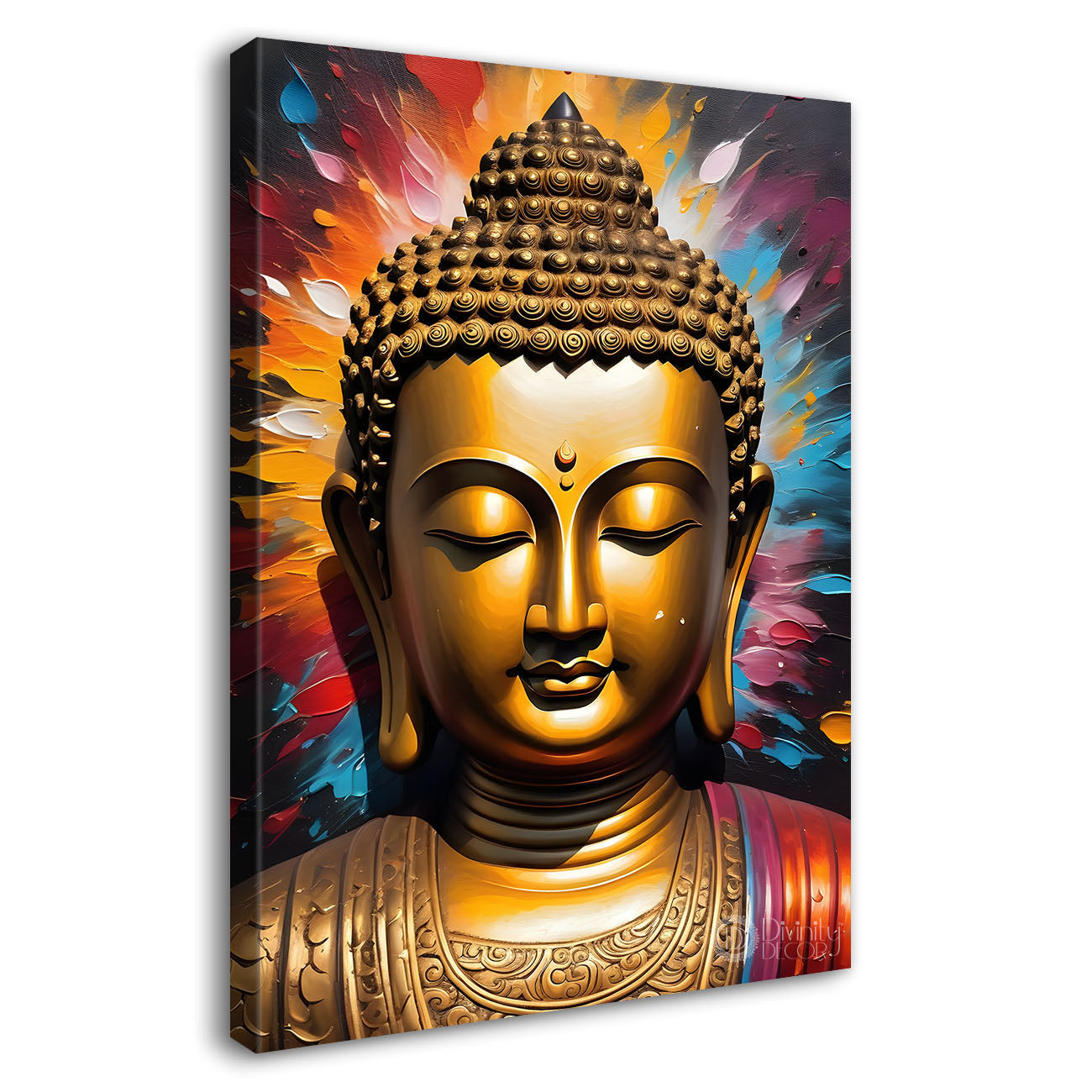 Golden buddha face with colourful background textured painting - Buddha-V-33