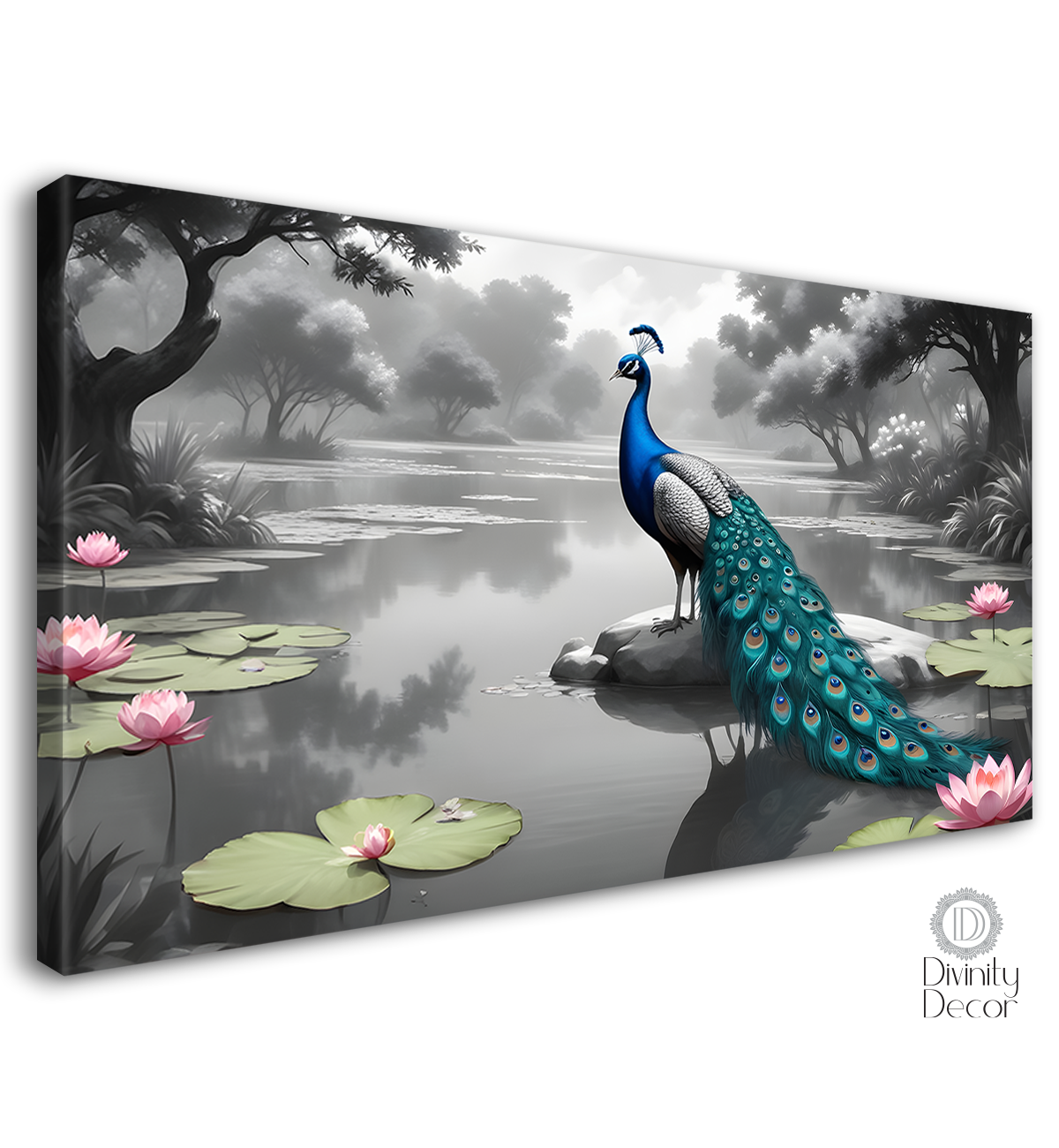 Peacock with lotus in fog textured art.- Design - Animal -33