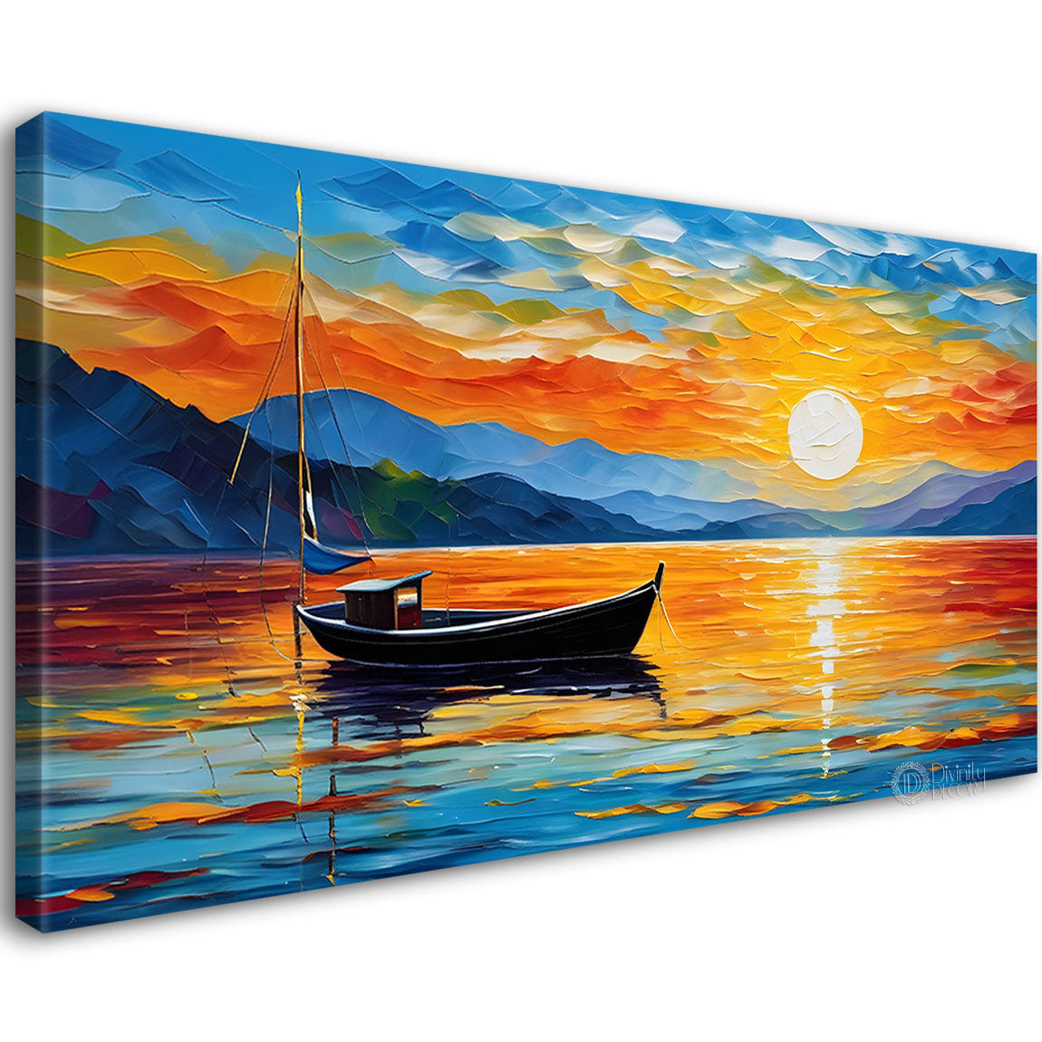 Boat in sea with sunset and mountains background textured modern art canvas painting - Design - River-33