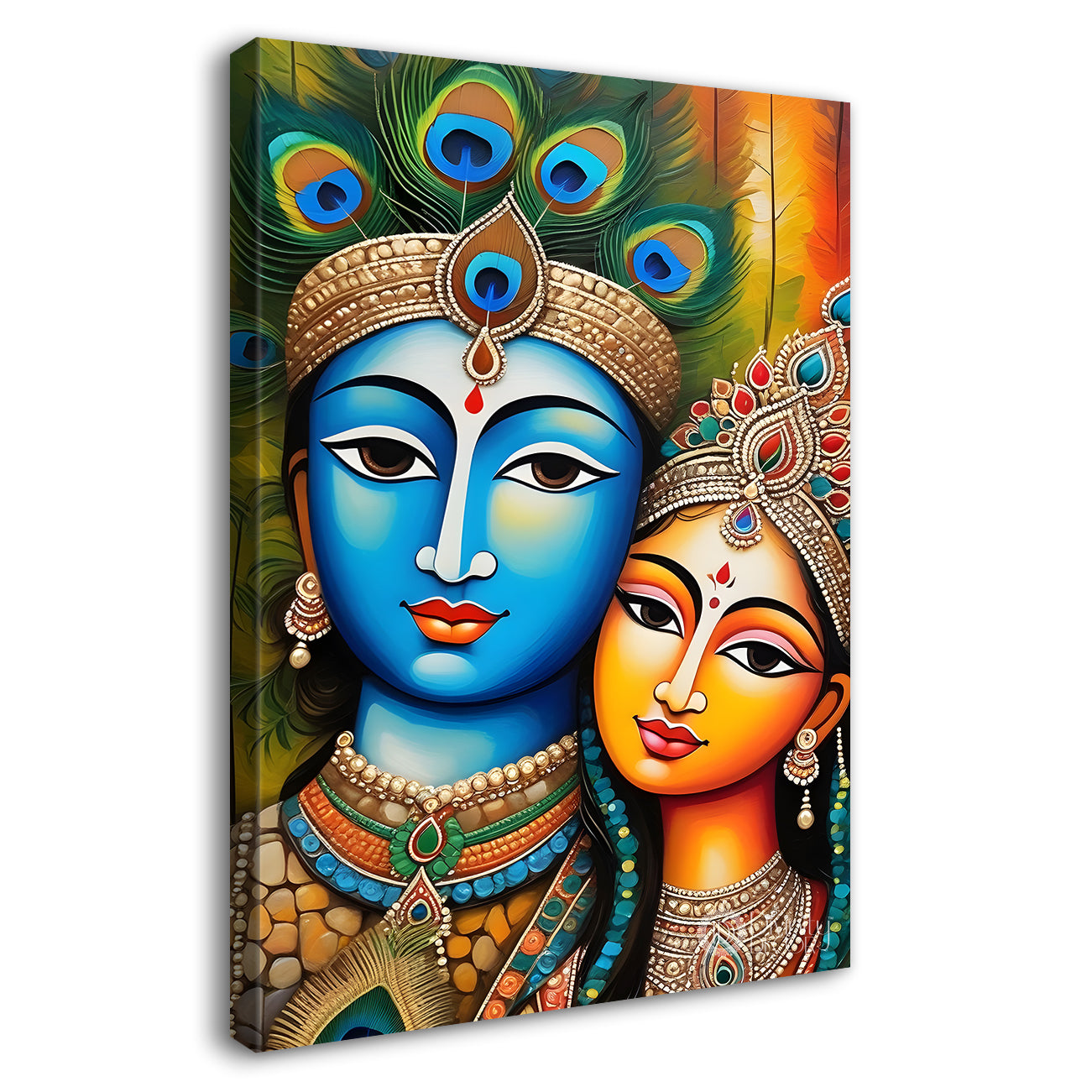 Blue face of krishna with radha in orange background textured art Canvas Painting - Design - Krishna-V-33