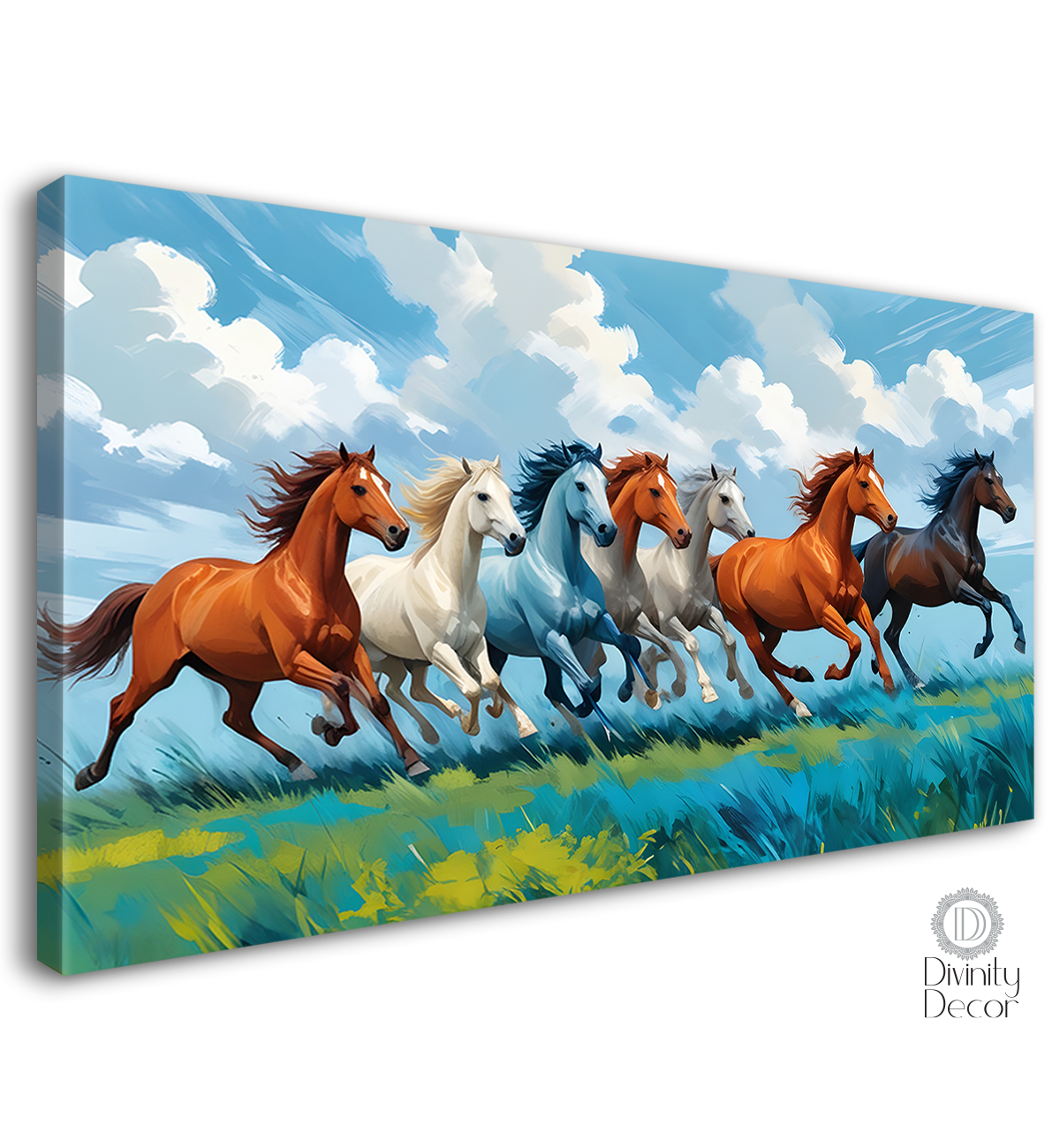 Brown, white and blue running horses on the field with cloudy and sky blue textured background art Canvas Painting - Design - Horse-34