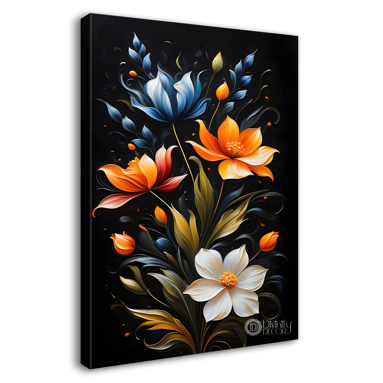 Orange and white flowers in dark textured background painting- Flower-V-340