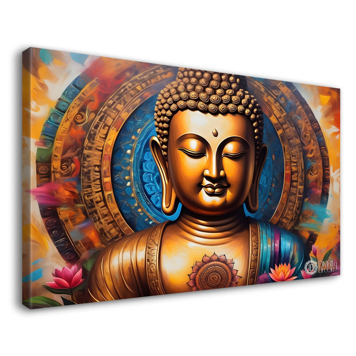 Golden buddha with colorful chakra background textured painting Canvas Wall Painting - Buddha-341