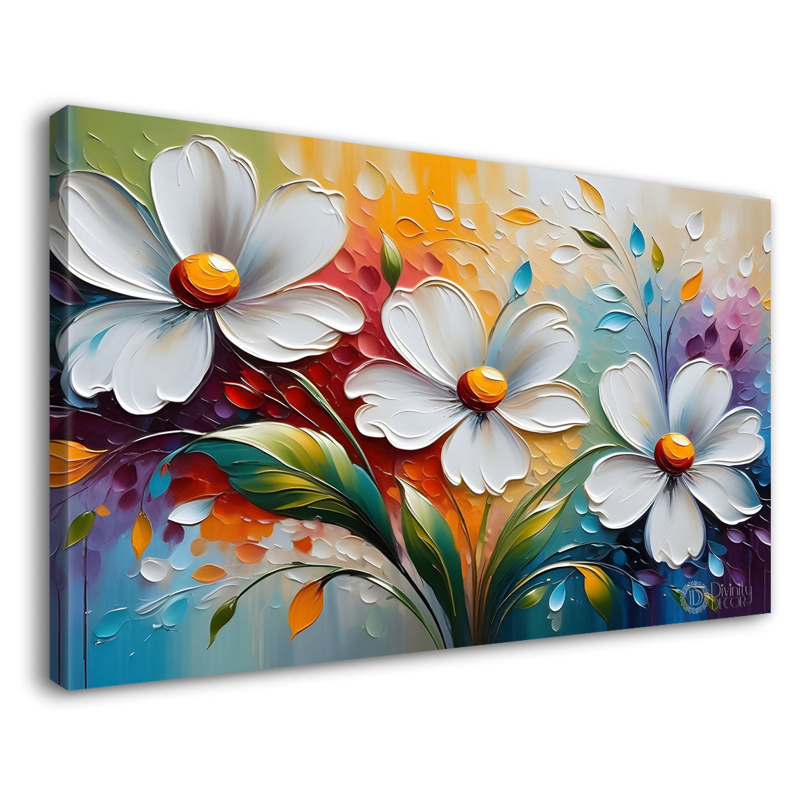 White flowers in colorful background canvas painting- Flower-342