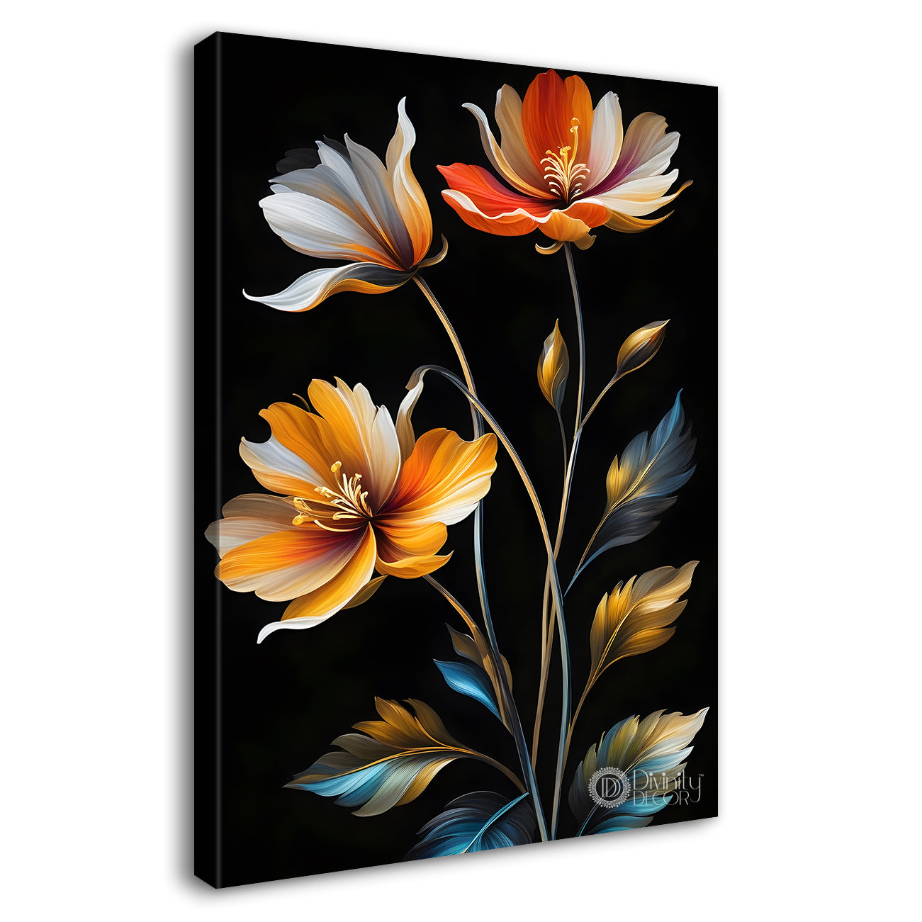 Colourful flowers in dark textured painting - Flower-V-343