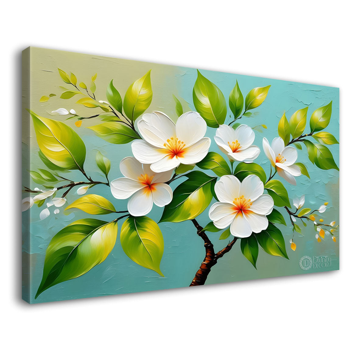 White flowers in green background canvas painting- Flower-343