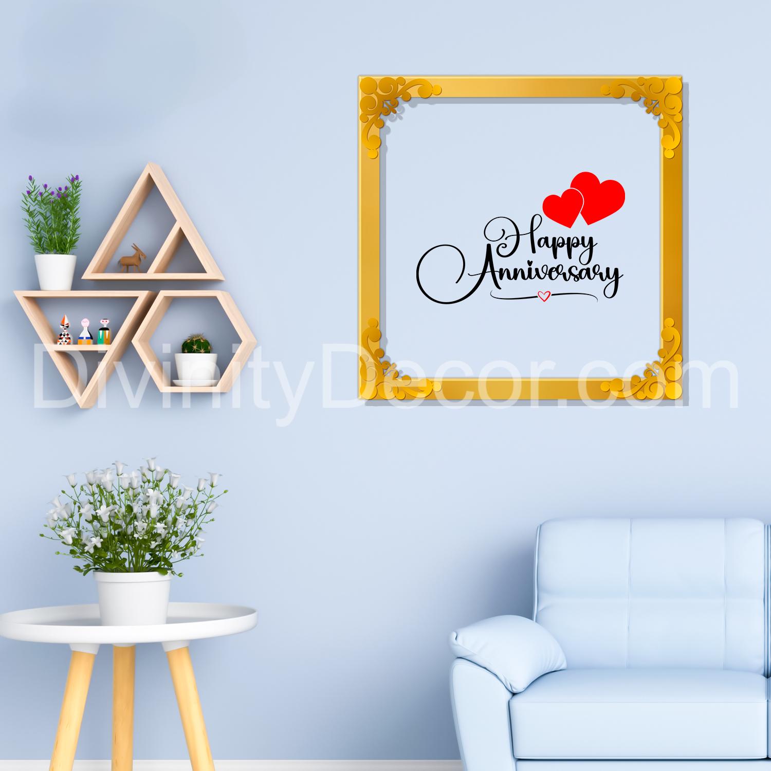 Happy anniversary Golden Plaque for Gifting, Wall Décor Clear UV print with Golden Border-344