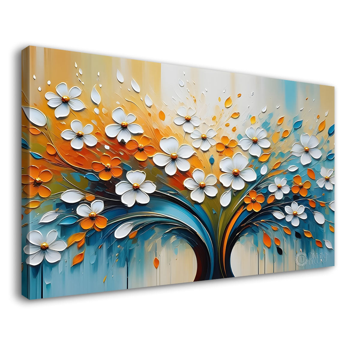 White flowers tree in colorful background canvas painting- Flower-344