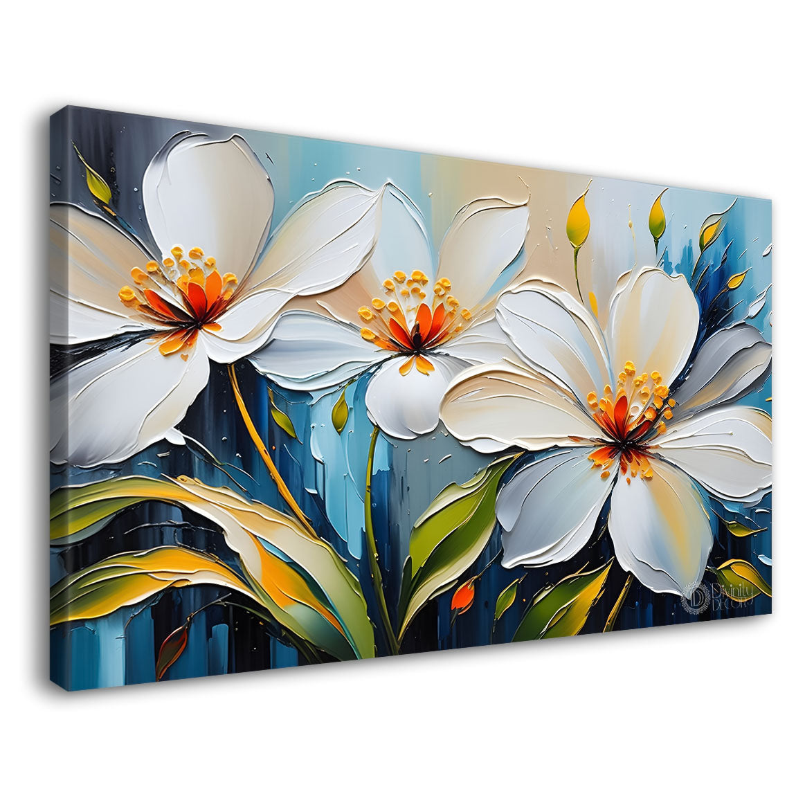 White flowers in blue background canvas painting- Flower-345