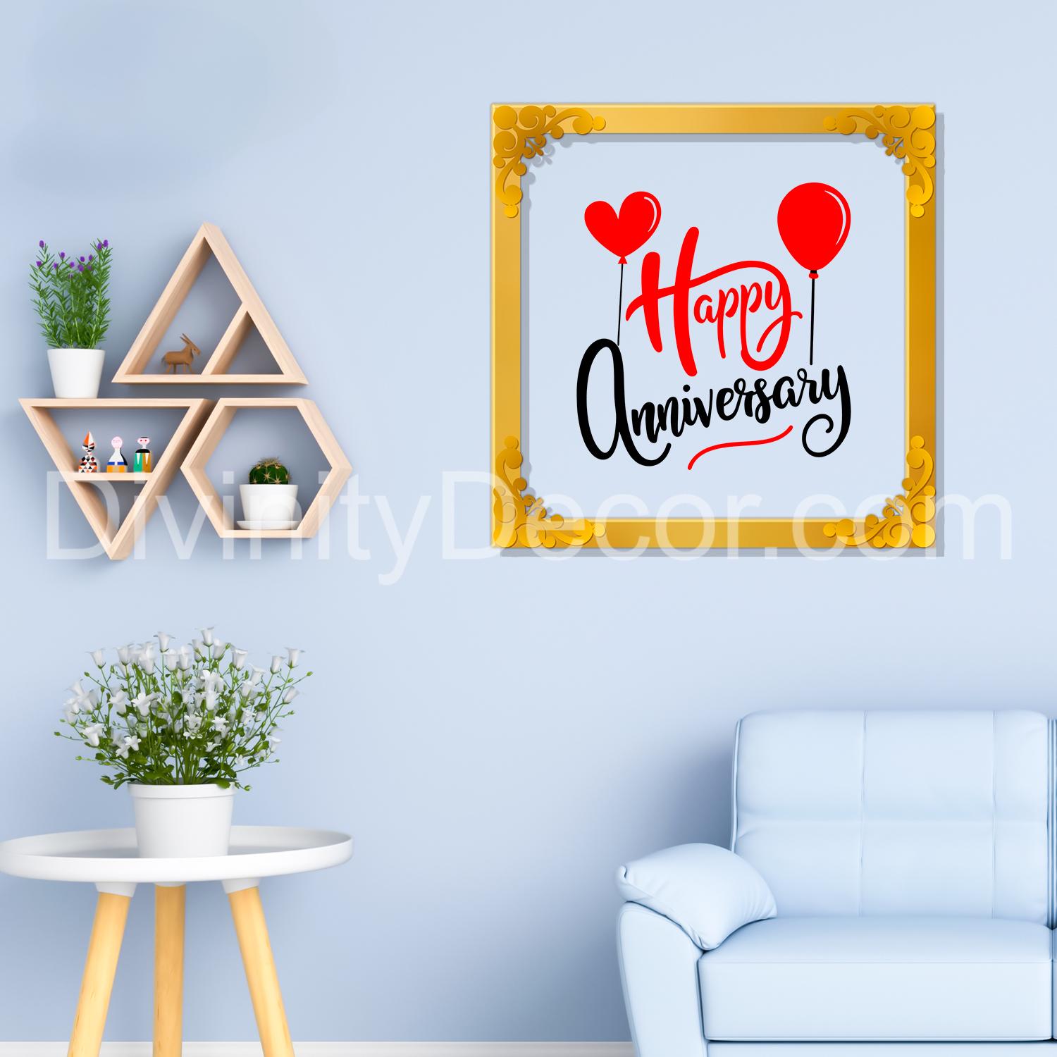 Happy anniversary Golden Plaque for Gifting, Wall Décor Clear UV print with Golden Border-346