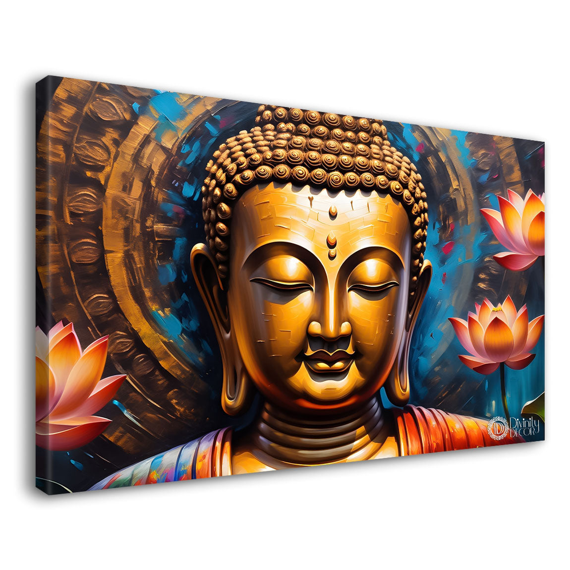 Golden buddha with colorful and lotus background textured painting Canvas Wall Painting - Buddha-347