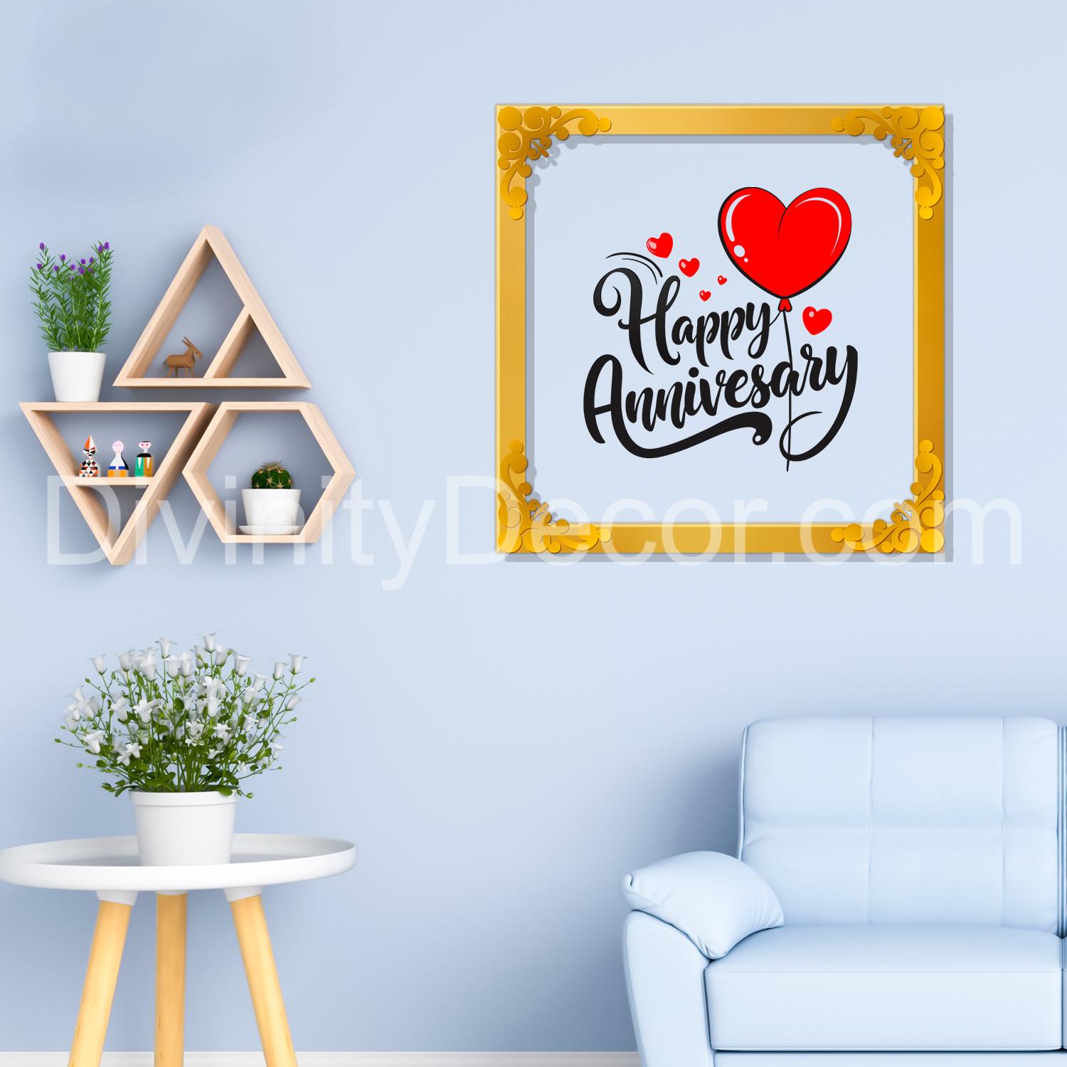 Happy anniversary Golden Plaque for Gifting, Wall Décor Clear UV print with Golden Border-347