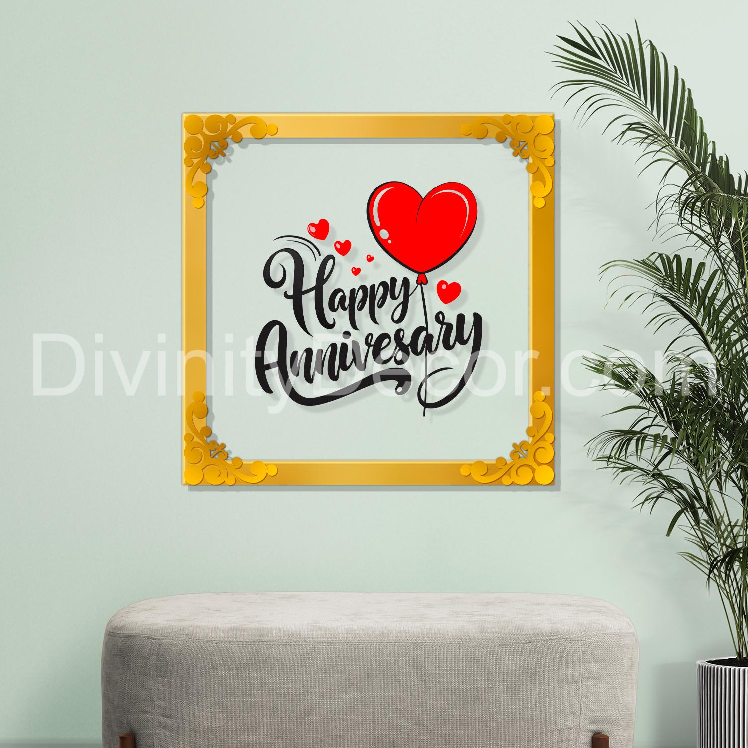 Happy anniversary Golden Plaque for Gifting, Wall Décor Clear UV print with Golden Border-347