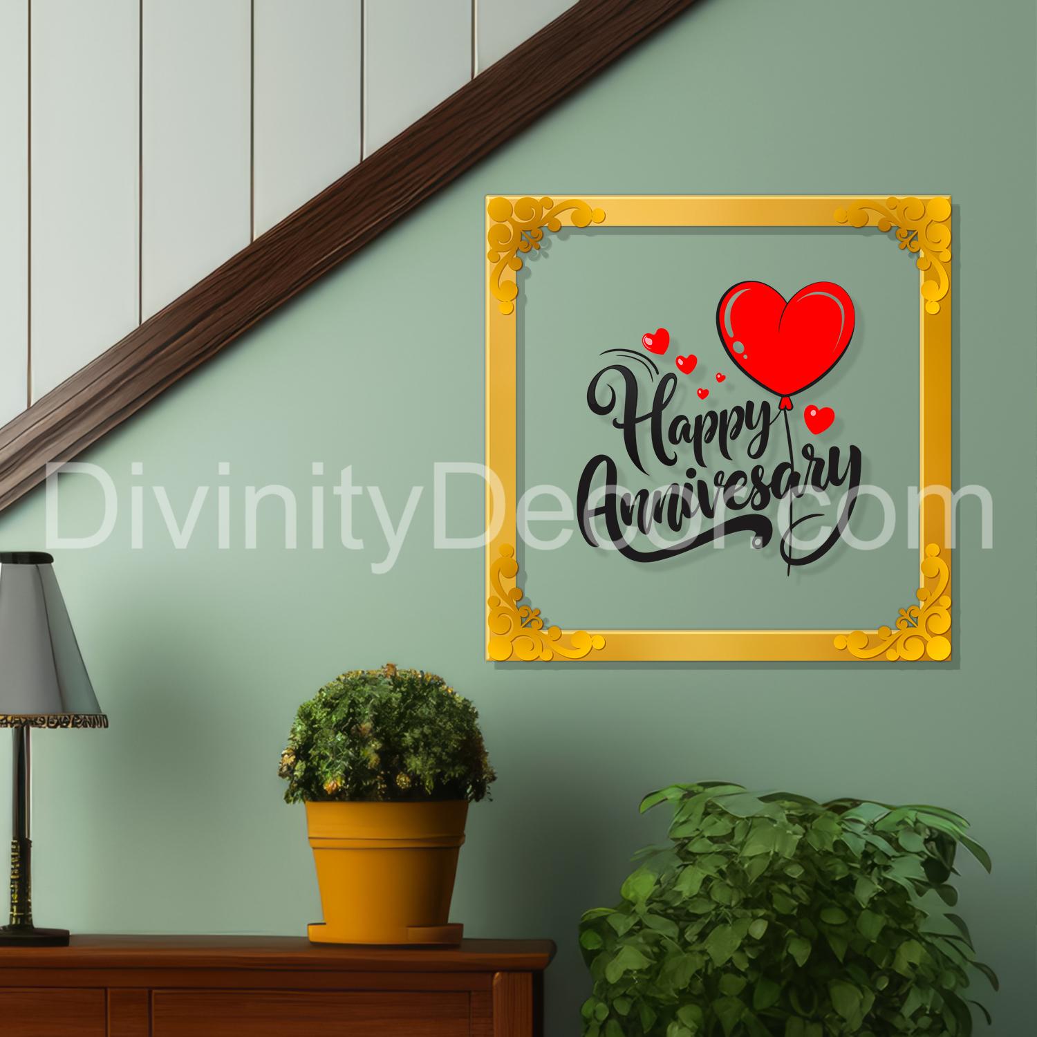 Happy anniversary Golden Plaque for Gifting, Wall Décor Clear UV print with Golden Border-347