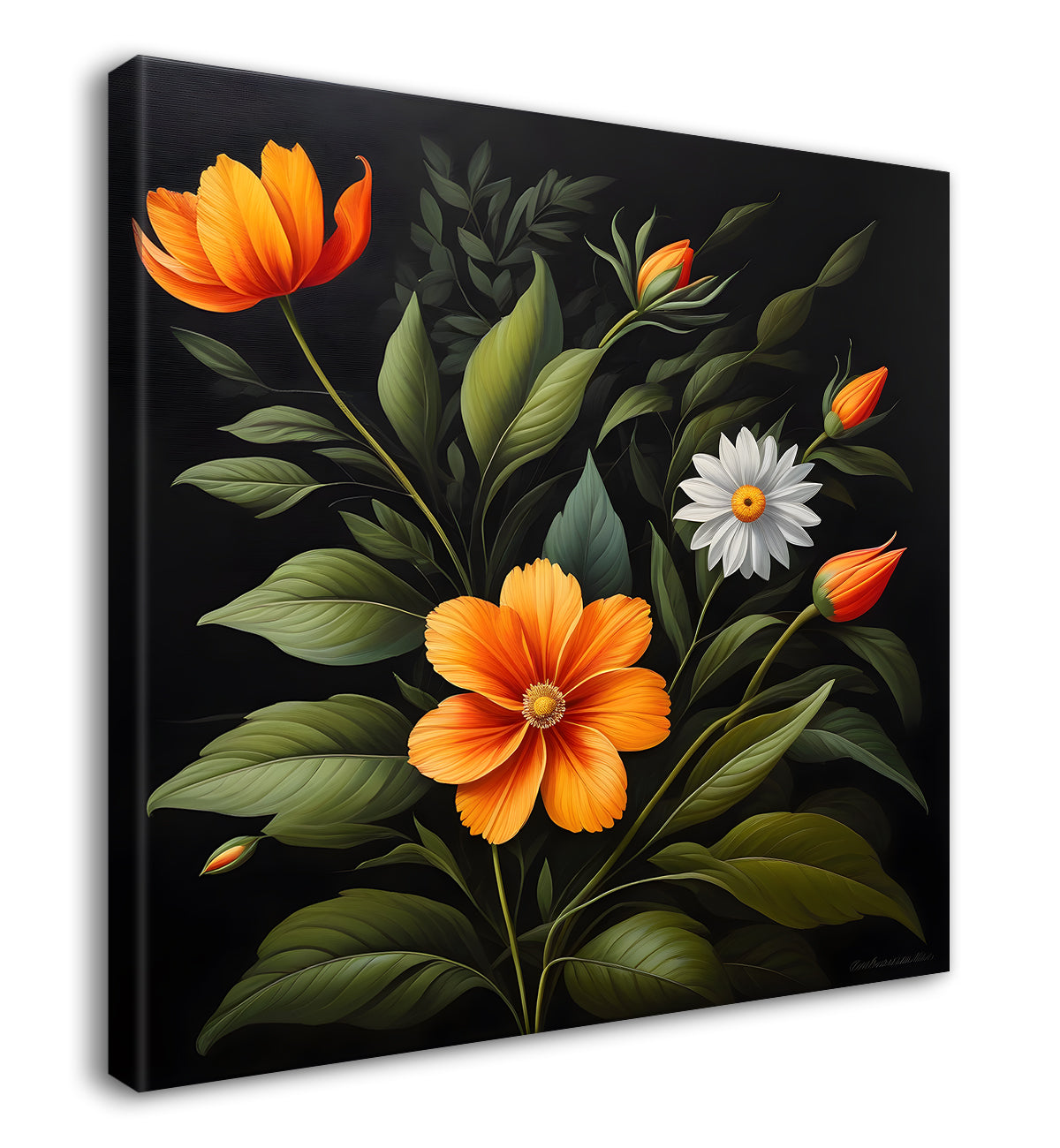 Orange flowers in black background painting Flower-S-347