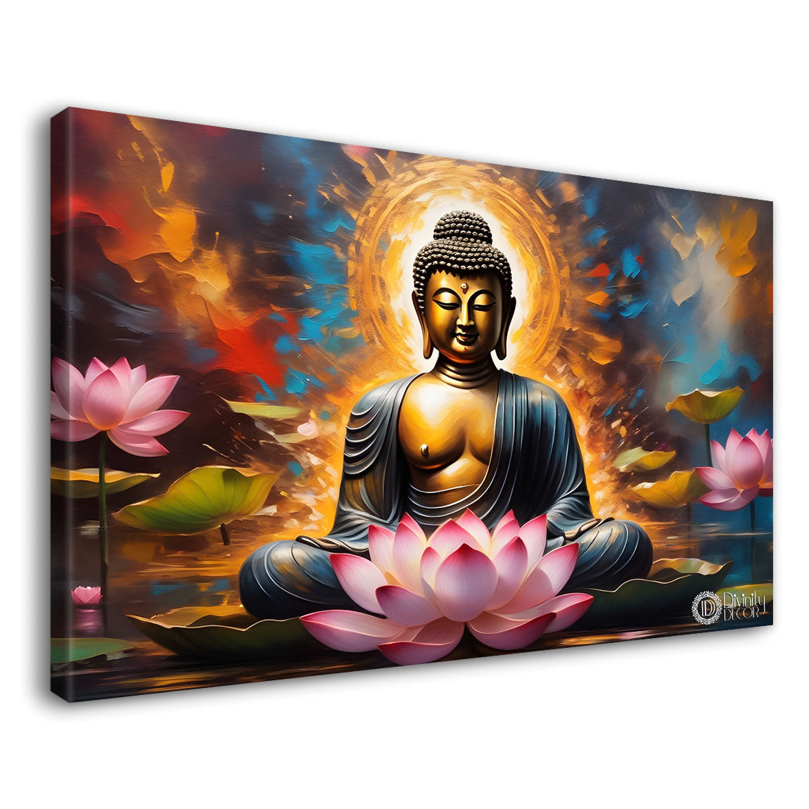 Golden buddha with colorful and lotus background textured painting Canvas Wall Painting - Buddha-348