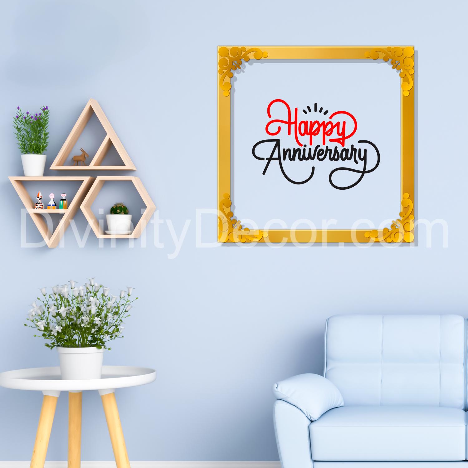 Happy anniversary Golden Plaque for Gifting, Wall Décor Clear UV print with Golden Border-348